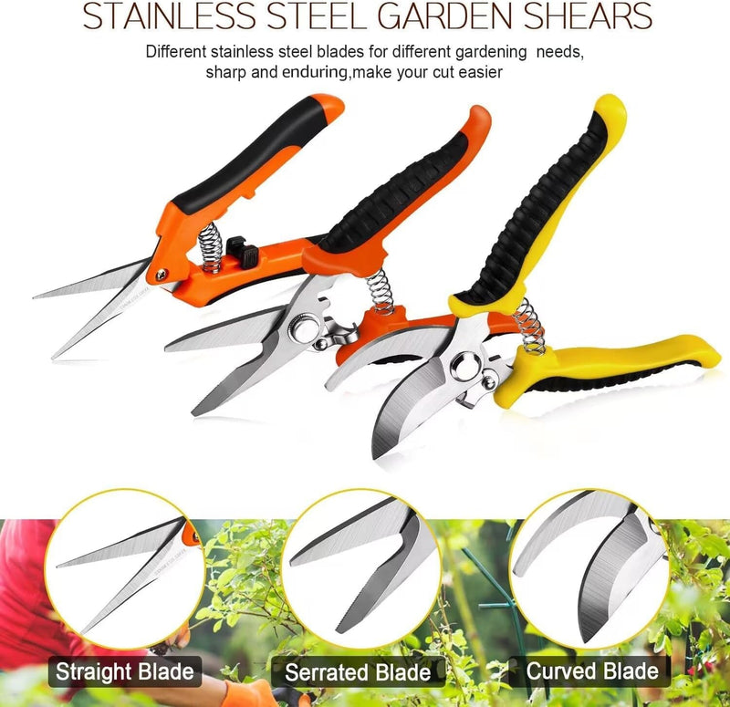 3 Pack Garden Pruning Shears Stainless Steel Blades Handheld Pruners Set with Gardening Gloves