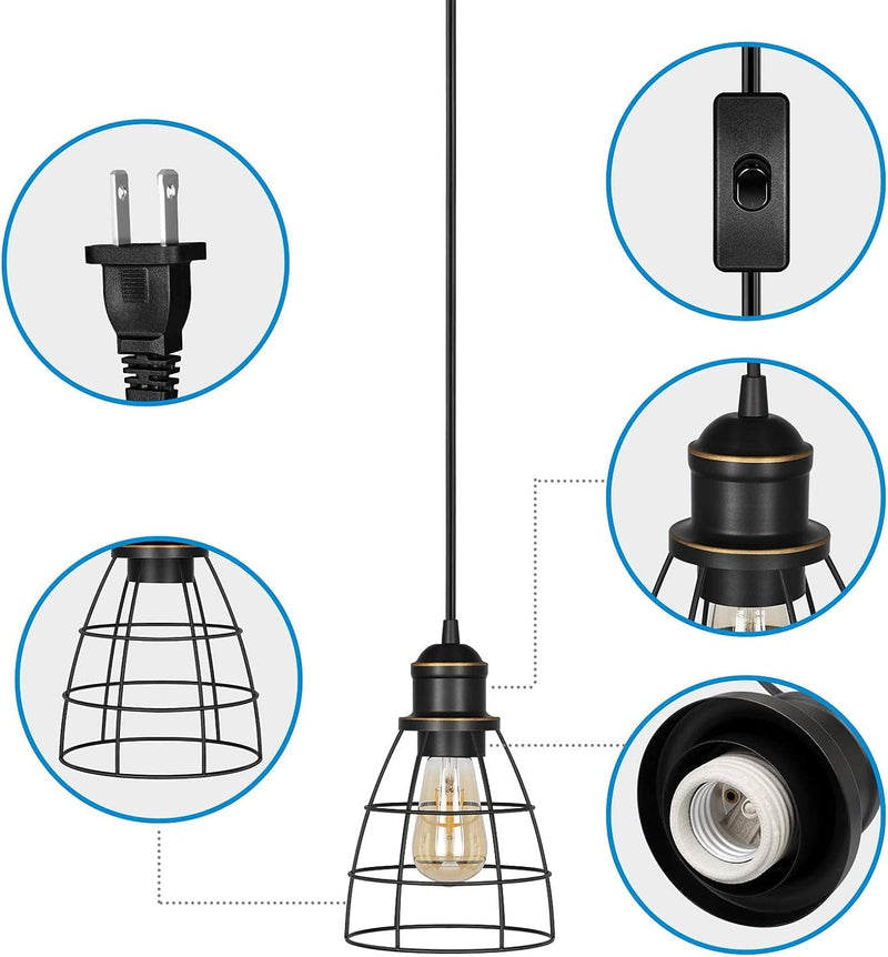 DEWENWILS Plug in Pendant Light, Black Farmhouse Cage Pendant Light Fixtures with 15FT Cord, Hanging Lights for Bedroom, Kitchen Island, Dining Hall, E26 Base Socket, 2 Pack, UL Listed