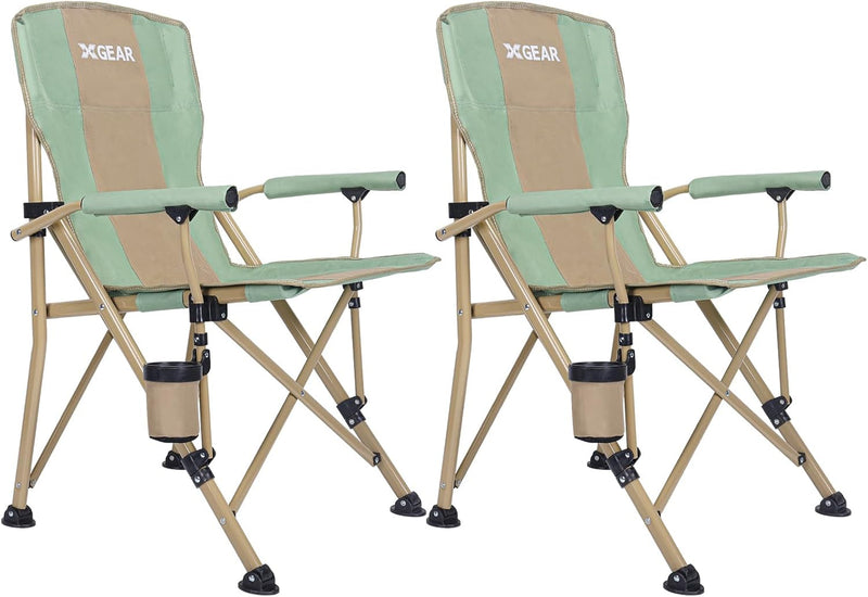 2Pcs Camping Chair with Padded Hard Armrest, Sturdy Folding Camp Chair with Cup Holder, Lawn Chair Back W Mesh Storage Bag, Support to 400 Lbs (Green with Khaki)