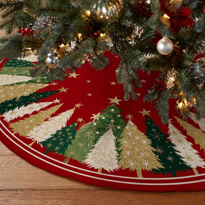 CROWNED BEAUTY Christmas Tree Skirt Collar 48 Inch Xmas Pine Trees Soft Farmhouse Holiday Decoration (Red & Green) TS31