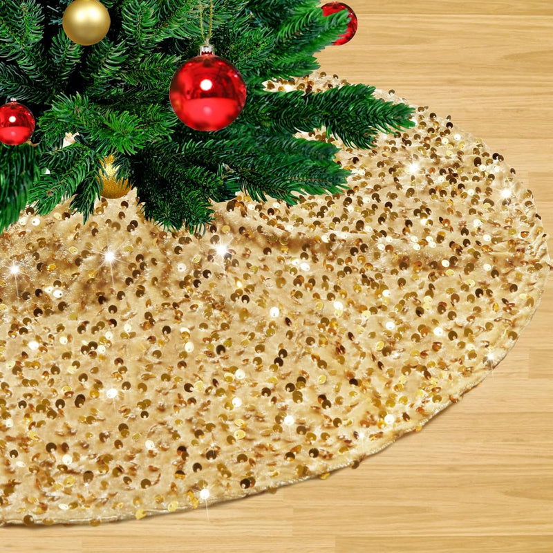 48 Inch Champagne Gold Xmas Tree Skirt Christmas Decorations Velvet Sequin Tree Skirt Cover New Year Party Indoor Holiday Tree Decorations