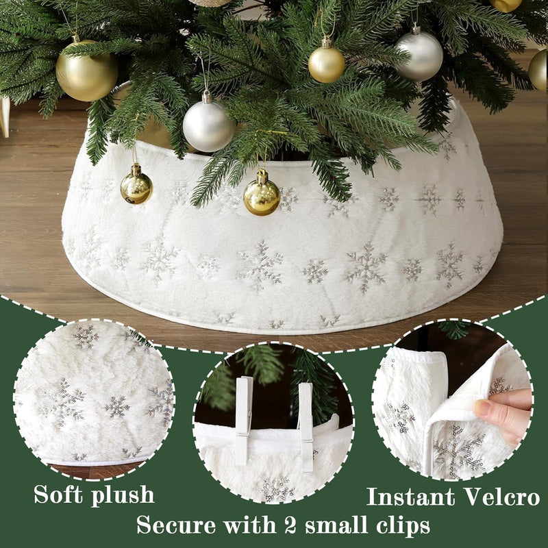 Faux Fur Christmas Tree Collar: Rustic White Luxury Plush Fur Christmas Tree Collars with Sliver Snowflake Sequins Pattern, Size Adjustable Modern Xmas Tree Skirt for Christmas Home Décor