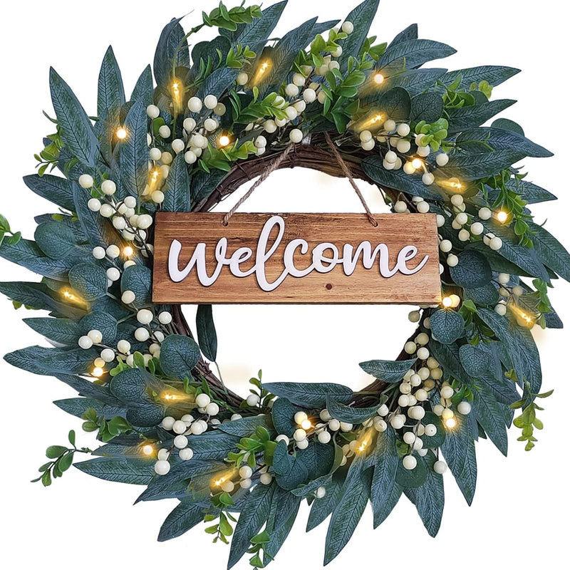 Artificial Summer Wreath, 20" Artificial Flower Wreath with White and Blue Daisy, Spring Wreaths with LED Lights for Front Door Home Decor