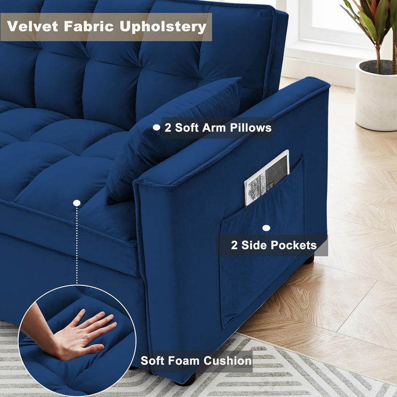 Blue Pull Out Couch Bed Sleeper Sofa, 55.2" Velvet Convertible Recliner Couch for Bedroom, 2 Seater Futons with Adjustable Backrest for Small Spaces Living Room Office
