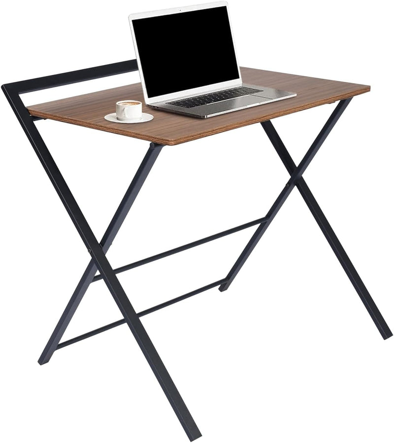 Furniturer 31.9'' Folding Desk 2 Tier Foldable Writing Table Assembly Saves Space for Home Office Study, Metal Frames/Wood Top Laptop Table Computer Desk, Industrial Brown