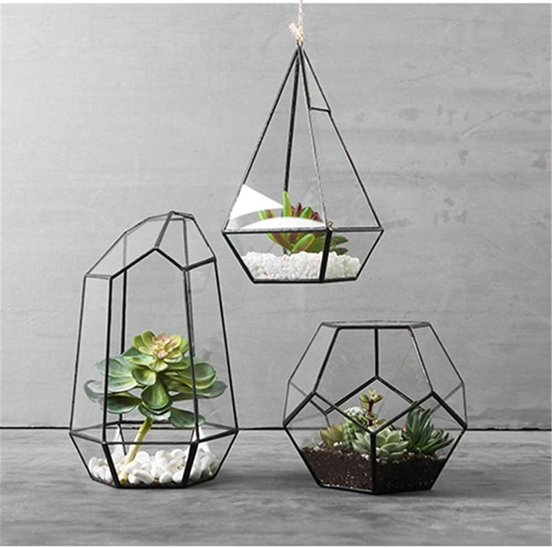 Geometric Plants Terrarium Glass Irregular Terrarium Planter Tabletop Black Opened Container Pot for Cacti Succulents Glass Planter Terrarium for Home, Garden, Office,6.5X5.7X9.8'' No Door