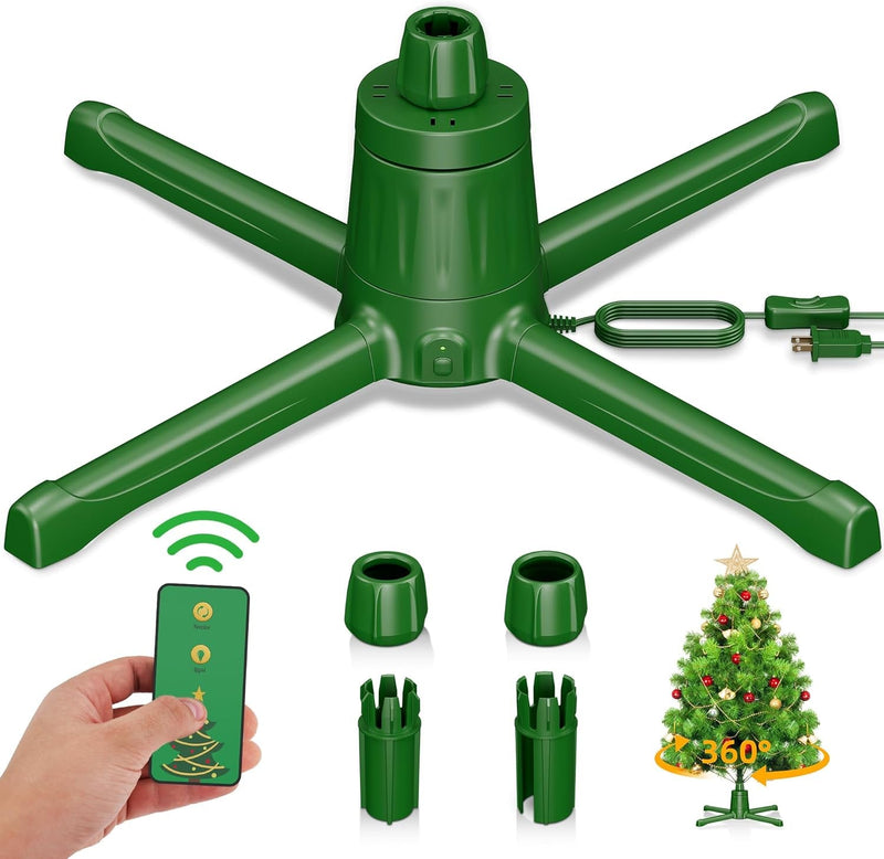 2024 Upgrade Rotating Christmas Tree Stand for 6Ft 7.5Ft 9Ft Artificial Tree, 4 Built-In Electric Outlets Xmas Tree Stand with Remote Control, 360 Degree Revolving Tree Base Holder