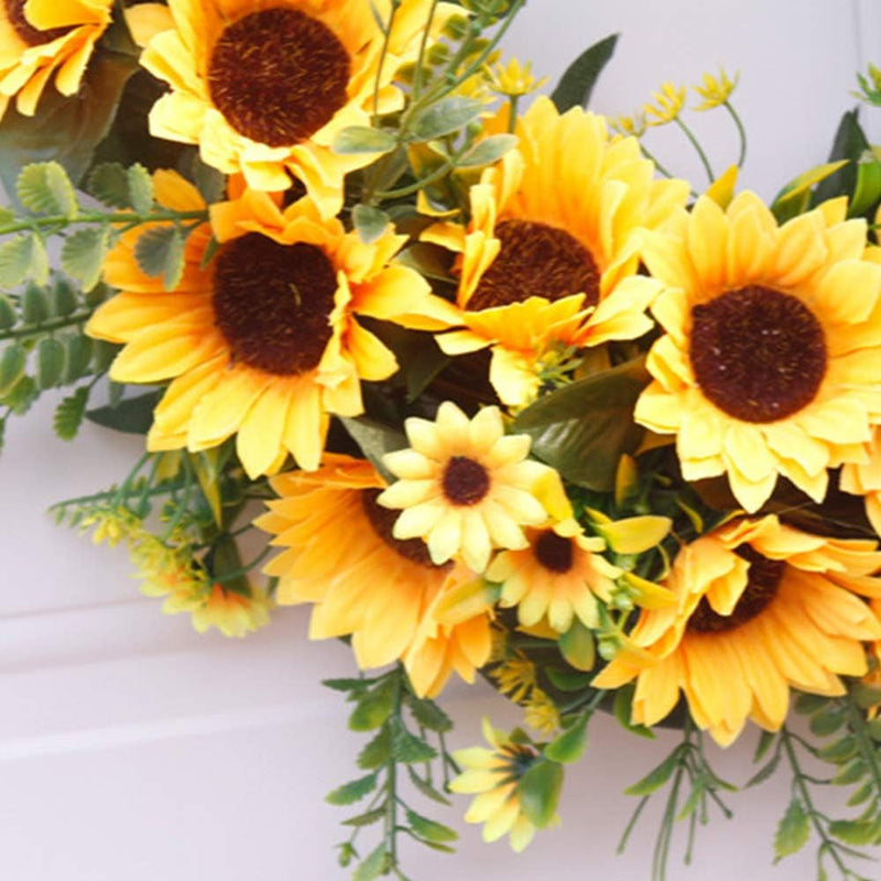 DAMEING Artificial Sunflower Summer Wreath, 15.7Inch Decorative Floral Wreath with Yellow Sunflower and Green Leaves Front Door Wreaths for All Seasons