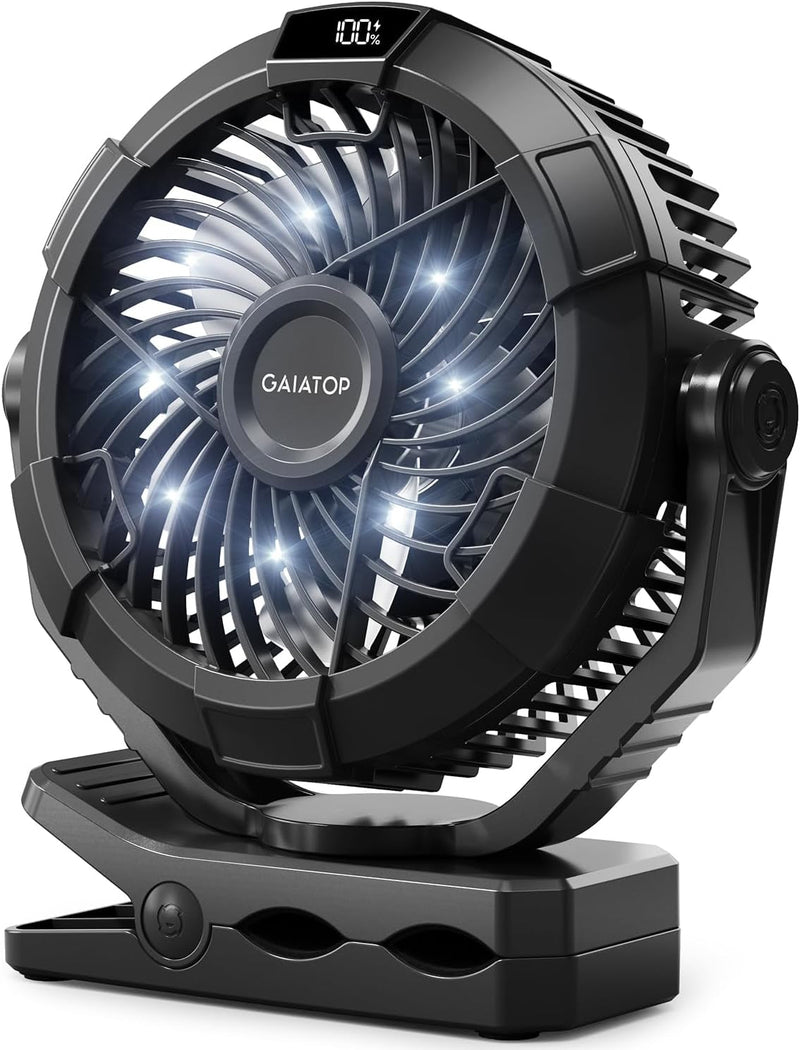 Gaiatop Camping Fan with Light, 4000Mah Portable Rechargeable Battery Powered Fan, 3 Speed Small Desk Fan, Clip on Fan with LED Digital Display, USB Fan with Hanging Hook for Outdoor, Bedroom