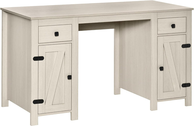 HOMCOM Farmhouse Computer Desk with Storage, Home Office Desk with 2 Drawers and 2 Cabinets, Cream White