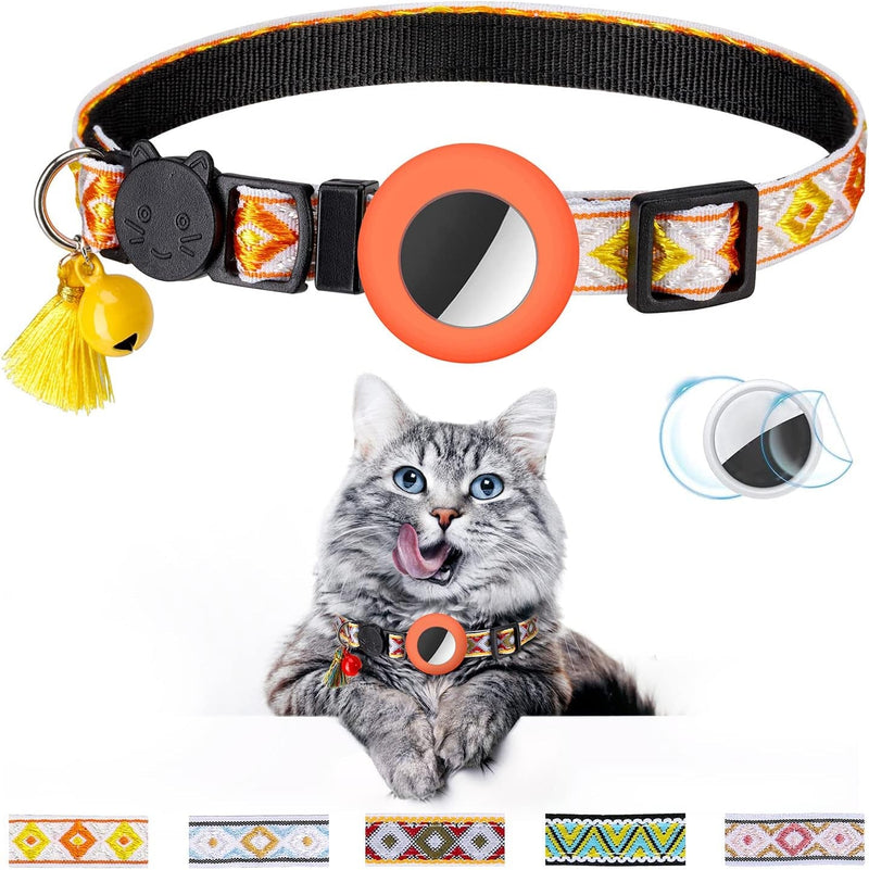 Airtag Cat Collar with Bell Adjustable Breakaway Kitten Collars:- Safety Buckle and Silicone Air Tag Holder Case Compatible with Apple Airtag Geometric Pattern Pet Collar (Cat Collar-Blue)