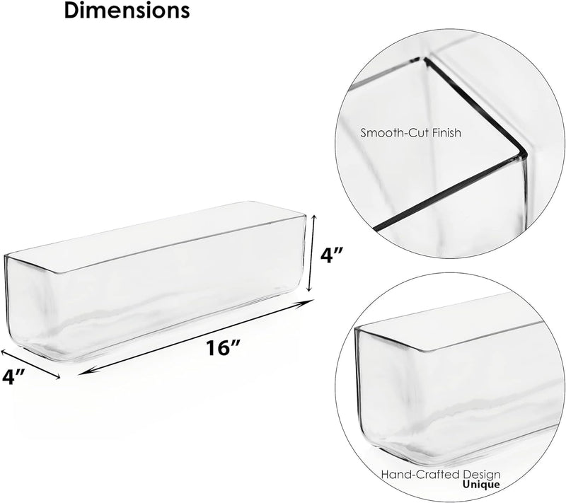 CYS Excel Glass Rectangle Vase (H:4" Open:16"X4") | Multiple Size Choices Rectangular Flower Vase Centerpieces | Decorative Wedding Centerpiece Vases | Glass Terrarium Container