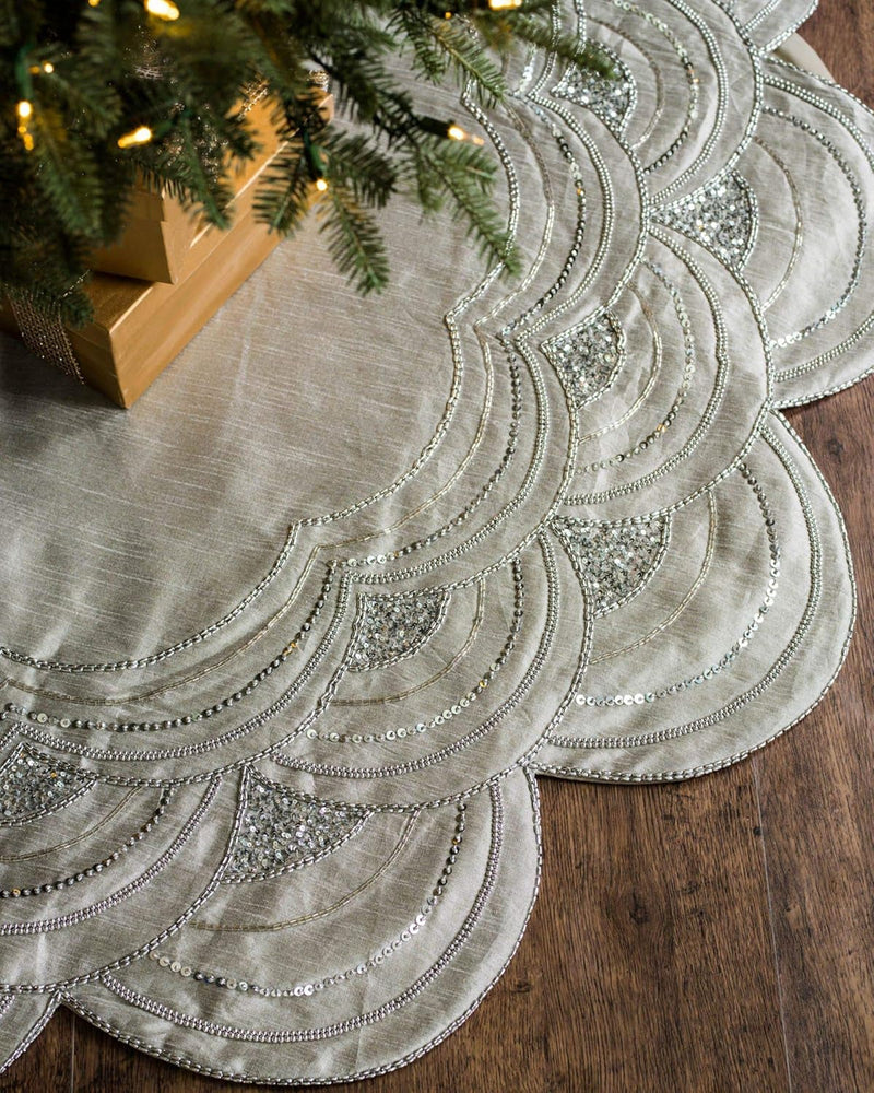 Balsam Hill | Luxury Christmas Tree Accessories | 60" Elizabeth Beaded Tree Skirt | Silver