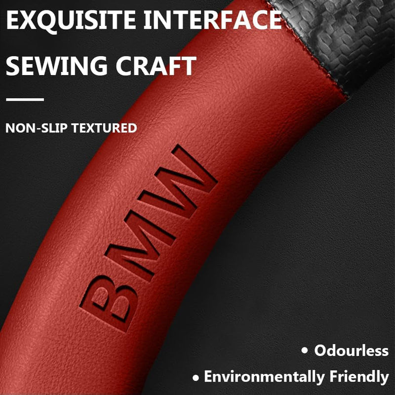 Customized Steering Wheel Cover Compatible with BMW, New Premium Nappa Leather&Carbon Style Car Steering Wheel Protector, with 2 Coasters and USB Fast Charging Cable (Red)