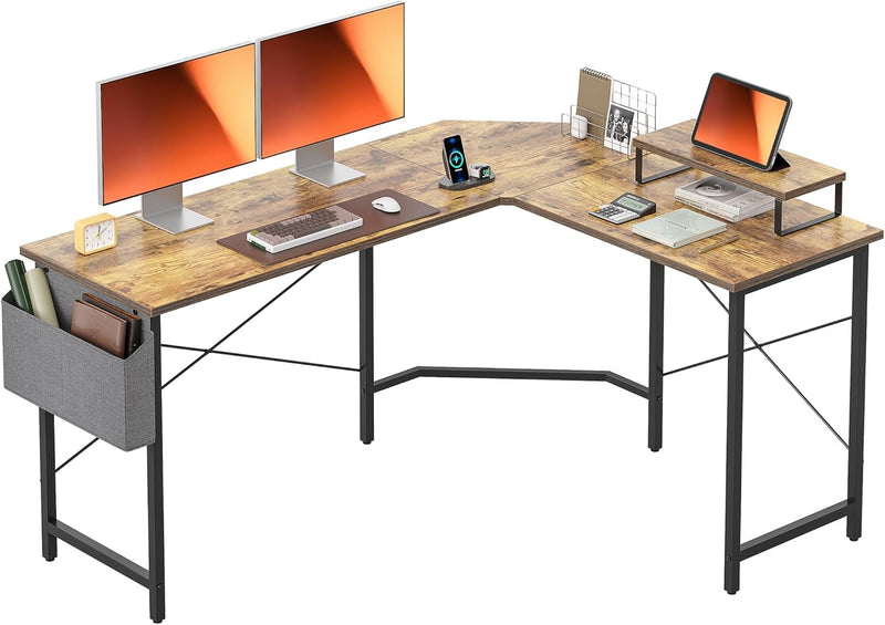 BANTI L Shaped Gaming Desk, 59 Inch Computer Corner Desk with Monitor Shelf for Home Office Study Writing Workstation, Rustic Brown
