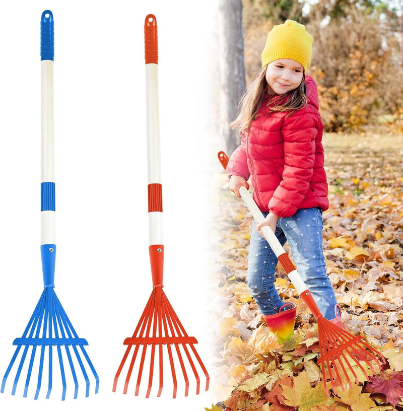 2PCS Kids Rakes for Leaves, 28" Child Size Garden Rake Childrens Lawn Rake Toddler Leaf Rake Blue Red Plastic Head Kid Yard Rakes with Detachable Hardwood Handle Great Gardening Tools for Boy Girl