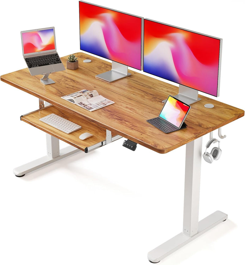 FEZIBO Standing Desk with Keyboard Tray, 55 × 24 Inches Electric Height Adjustable Desk, Sit Stand up Desk, Computer Office Desk, Rustic Brown