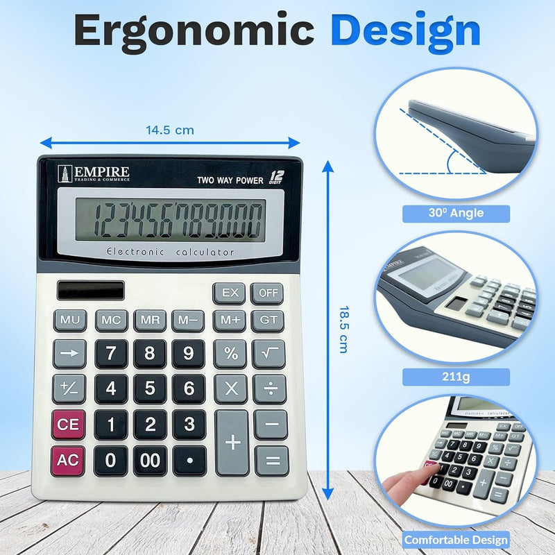 Empire Desk Calculator with Large Key Buttons, 12 Digits, Large Eye-Angled Display, Solar and Battery Powered for Home and Office (Battery Included)