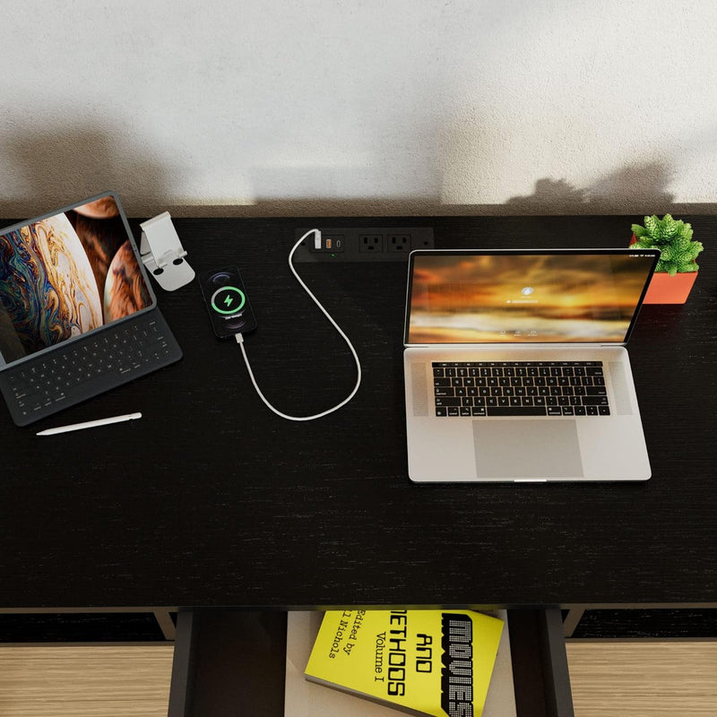 Computer Desk with Drawers and Charging Port, 46.8" Mid Century Home Office Computer Desk with USB Port and Power Outlet for Small Space, 3-Drawer Multifunctional Study Writing Desk, Black