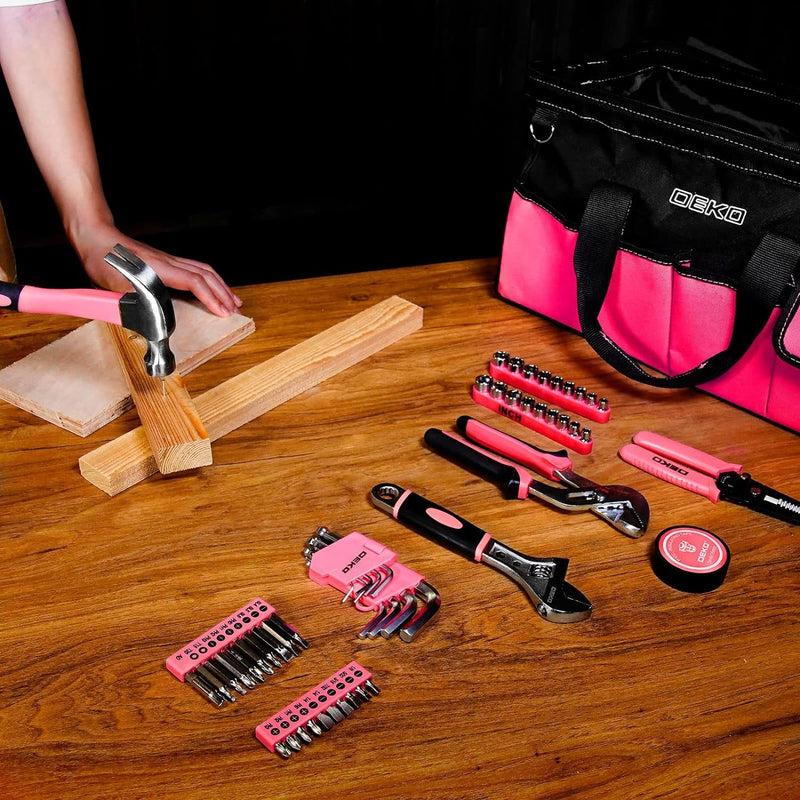 DEKOPRO Pink Tool Set for Women Ladies Girls, 226-Piece Household Hand Tool Kit with Wide Mouth Open Storage Tool Bag for DIY, Home and Equipment Maintenance