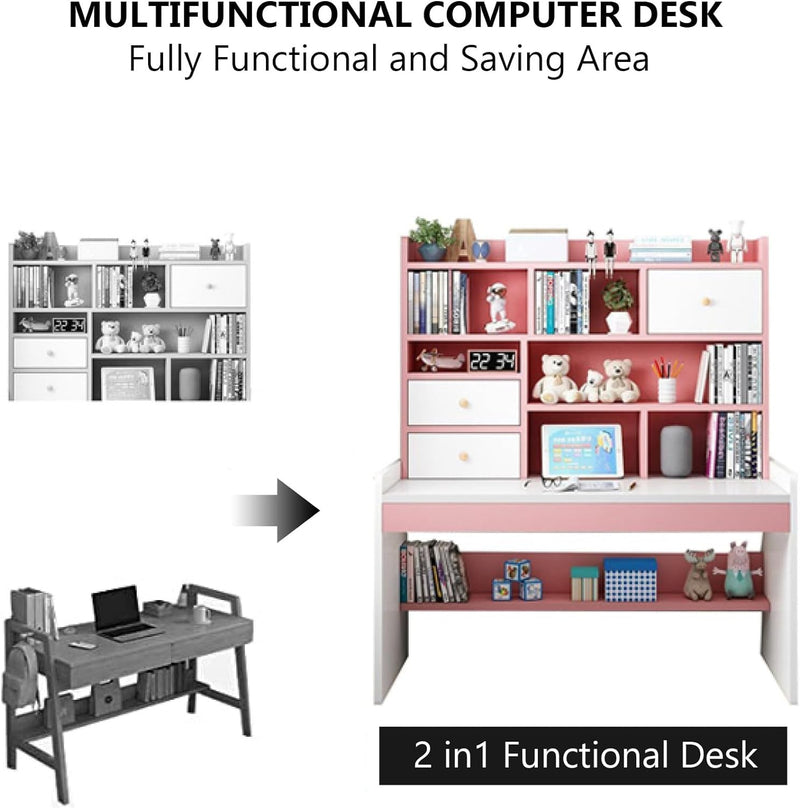 Computer Desk with 2 Storage Drawers & Bookshelf, Adjustable Height Writing Study Desk Teenager Compact Desk & Workstations for Girl Boy(120Cm, Pink)