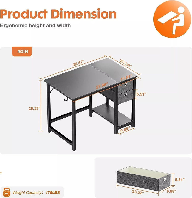 Computer Desk with Drawers, 40 Inches, Home Office Desk, Multi-Layer Storage Rack, Headphone Hooks, Black Chipboard