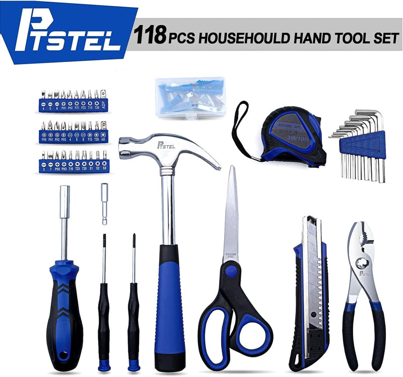 118Pcs Tool Set for Home，Ptstel Household Tool Kit Basic Tools Set for Men Beginners General Repair Tool Set with Blue Tool Box Storage for Home/Diy