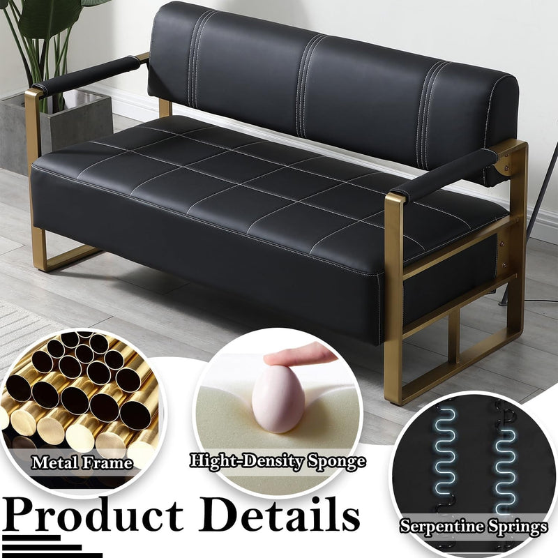 57.9" Faux Leather Loveseat Sofa, Mid Century Modern Sofas Small Couch with Gold Armrests & Legs, Upholstered 2-Seater Love Seat Couches for Living Room, Apartment, Office, Shop, Anteroom (Black)