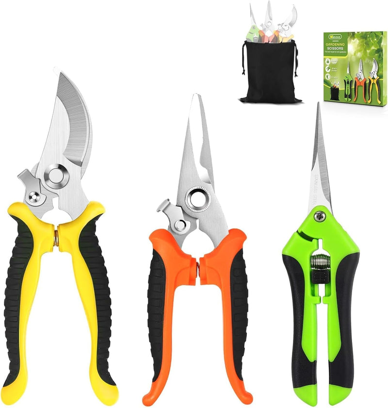 Garden Pruning Shears,3 Pack Stainless Steel Pruning Shears for Gardening,Garden Scissors Set with Storage Bag,Garden Clippers Handheld,Garden Tools