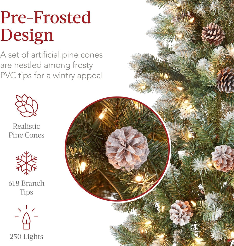 Best Choice Products 6Ft Pre-Lit Pencil Christmas Tree, Partially Flocked & Frosted Slim Holiday Tree Decoration, Skinny Xmas Tree, 250 Lights, 618 Frosted Tips, 50 Pine Cones, Foldable Stand