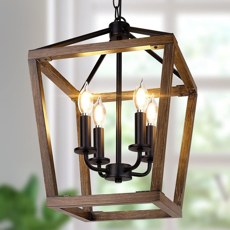 Brighthome Farmhouse Chandelier 4-Light, Black Pendant Light Fixture Ceiling Hanging for Kitchen Island Dining Room, Lantern Industrial Lighting with Metal Cage Adjustable Height for Entryway Foyer