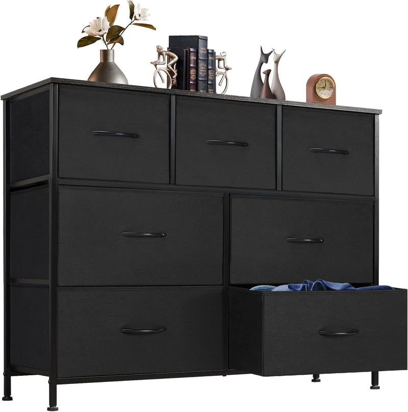 ANTONIA Dresser for Bedroom with 7 Drawers, Storage Organizer Units Furniture, Chest Tower TV Stand with Fabric Bins, Metal Frame, Wooden Top for Nursery, Living Room, Kidsroom, Closet, Black