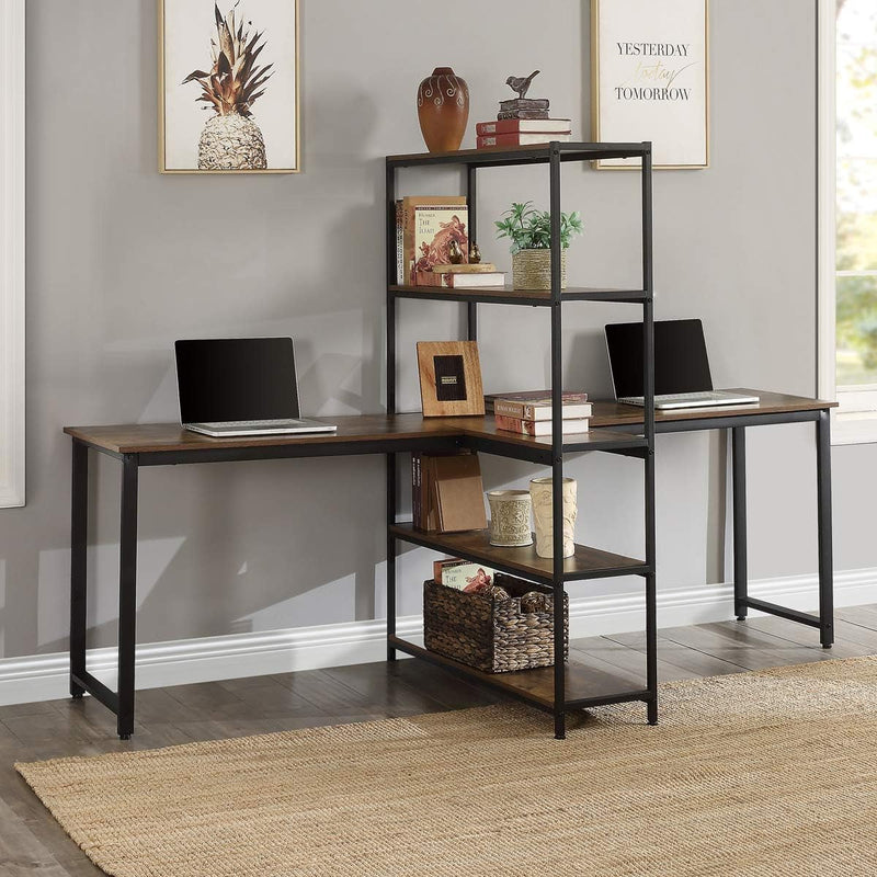 Home Office Two Person Computer Desk with Shelves, Extra Large Double Workstations Office Desk with Storage Shelves (Brown)