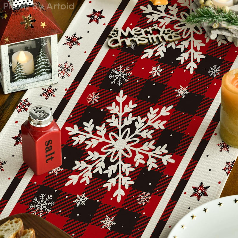 Artoid Mode Buffalo Plaid Snowflakes Christmas Table Runner, Seasonal Winter Kitchen Dining Table Decoration for Home Party Decor 13X72 Inch