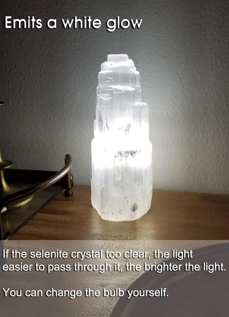AMOYSTONE 8" Natural Selenite Crystal Lamp White Gemstones Skyscraper Tower Healing Lights Small, Include Led Bulb Switch