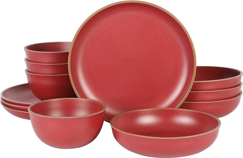 Gibson Home Rockabye 12 Piece Double Bowl Melamine Dinnerware Set - Matte Red