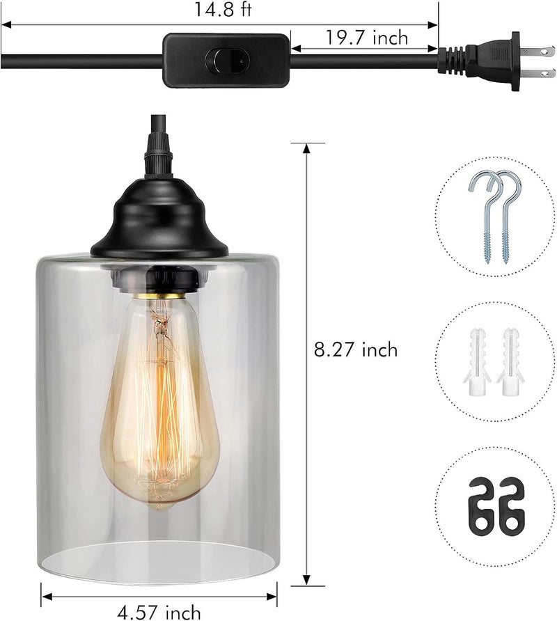 1-Light Plug in Pendant Glass Hanging Light, Industrial Mini Pendant Lighting with Glass Shade, Adjustable Farmhouse Hanging Lamp with Plug in Cord, Black Pendant Lighting for Kitchen Island