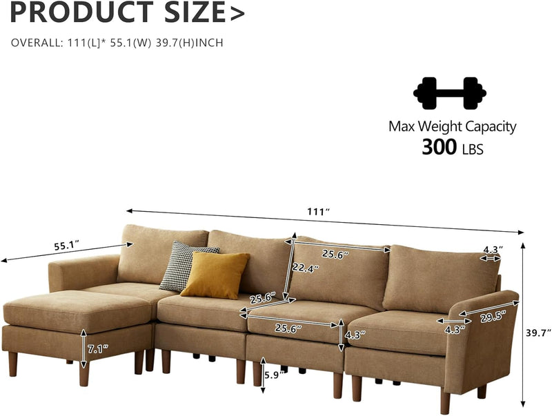 Cpintltr Modular Sectional Sofa Convertible L Shaped Couch with Ottomans Memory Foam 5 Seat Polyester Sofa Bed with Reversible Chaise Sleeper Sofa with Tapered Wood Legs for Living Room Yellow