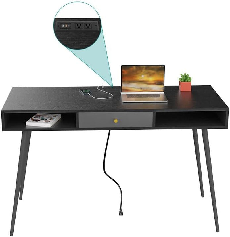 Computer Desk with Drawers and Charging Port, 46.8" Mid Century Home Office Computer Desk with USB Port and Power Outlet for Small Space, 3-Drawer Multifunctional Study Writing Desk, Black