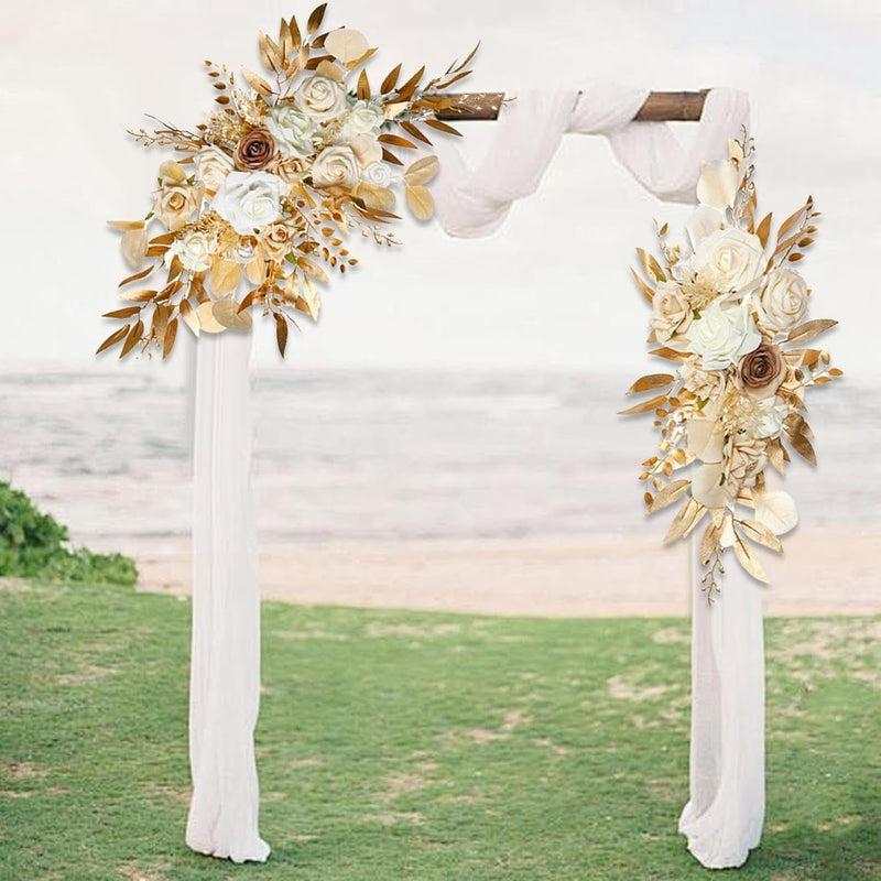 2Pcs Flower Swag Floral Swag Backdrop Novelty Wedding Arch Wreath Welcome Sign Decor for Reception Ornament Party, Gold