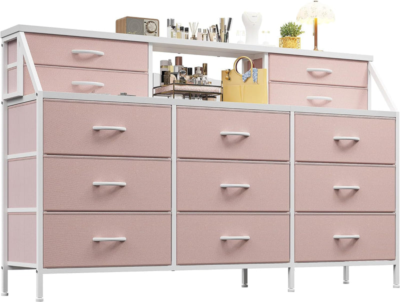 Enhomee 55”W Dresser for Bedroom, Pink Dresser for Girls Bedroom, Dresser with 13 Large Drawer, Dressers & Chests of Drawers, Bedroom Dresser with 2 Shelves, Long Dresser for Closet