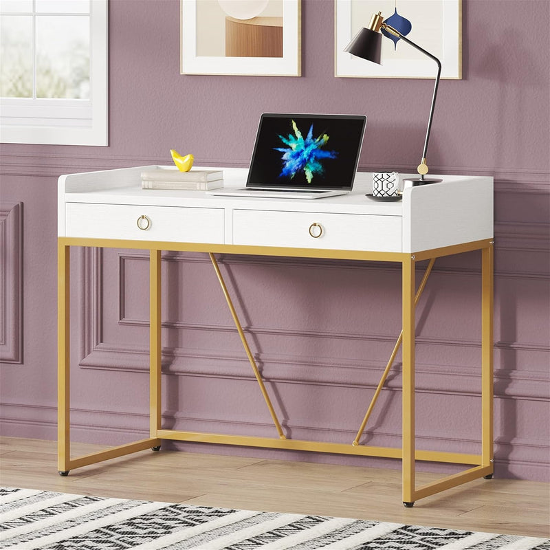 Computer Desk Writing with 2 Drawers Home Office Simple Table Makeup Vanity Gold White Mid-Century Modern Contemporary Rectangular Metal Wood Finish