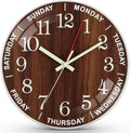 12 Inch Day of Week Wall Clock, Non Ticking Modern Clocks Battery Operated，Analog Day Clock for Seniors Eldly，Classic for Office Home Classroom School Living Room,Unique Gift Clock(Brown)