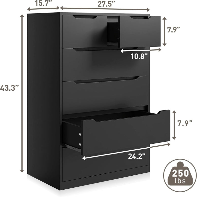 Enhomee Dresser for Bedroom, Dresser with 6 Wood Drawers, Black Dresser and Tall Dresser with Large Organizer, Wood Dressers & Chests of Drawers with Smooth Metal Rail, Black