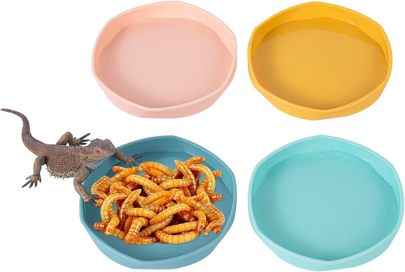 4 Pack Small Reptile Food Dish Bowl, Plastic Worm Water Dish Plate for Lizard Gecko Bearded Dragon Chameleon 4" W X 4" D X 0.5" H, Blue and Yellow