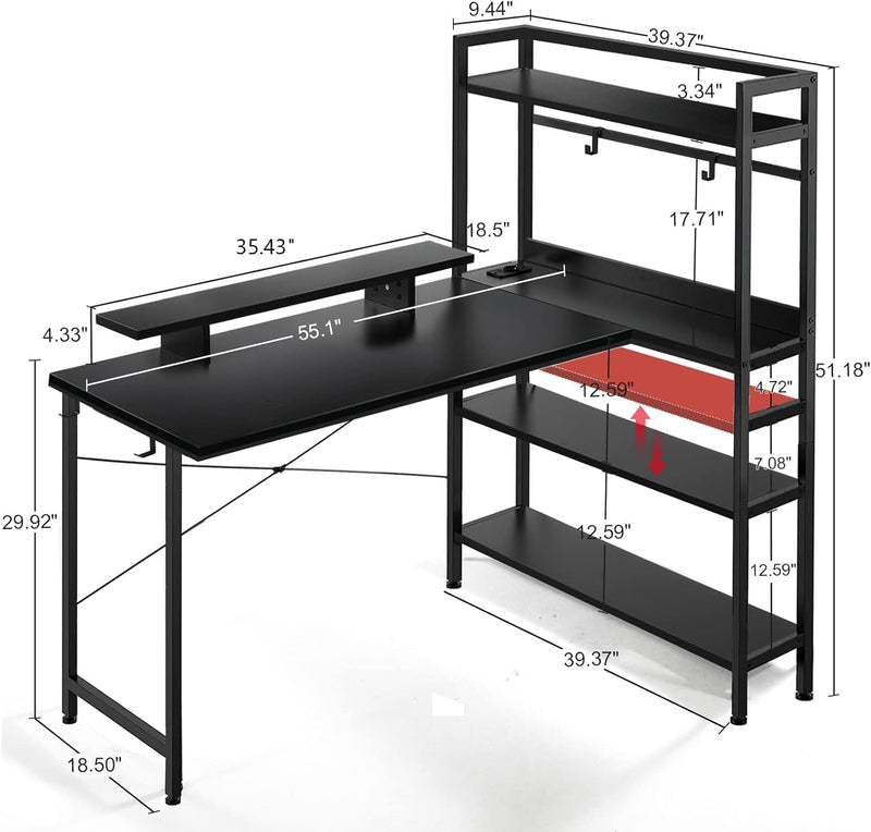 COMHOMA Gaming L Shaped Computer Desk, 55" Home Office Desk with Shelves, L Shape Computer Corner Desk with Charging Port, Gaming Table Power Outlet Build In, LED Writing Desk with Monitor Stand Black