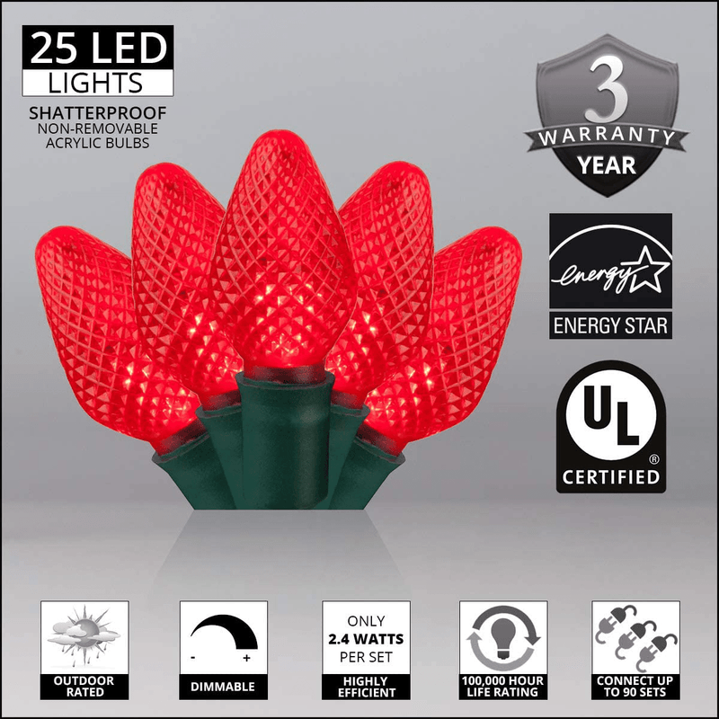 C7 Red Christmas Lights Set of 25, 17 Ft, Red LED Christmas Lights Valentine'S Day Party Indoor-Outdoor Christmas Lights Red C7 Christmas Lights Outdoor Red String Lights Home & Garden > Lighting > Light Ropes & Strings Wintergreen Lighting   