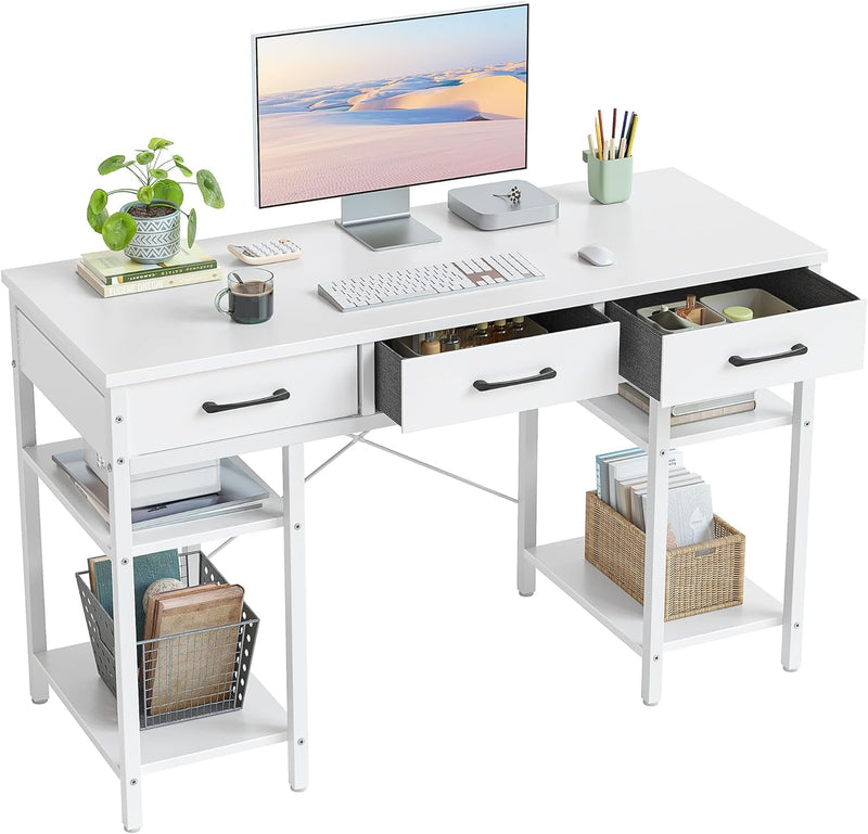 Cubicubi 47 Inch Computer Desk with 3 Drawers and Storage Shelves, Small Home Office Desk, Study Writing Table, Simple Desk for Bedroom, Rustic Brown