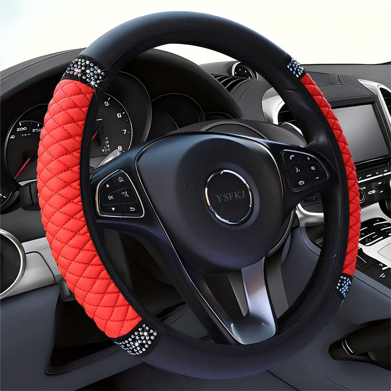 Diamond Leather Steering Wheel Cover Universal 15 Inch with Bling Bling Crystal Rhinestones, Anti-Slip Car Steering Wheel Protector for Women Girls (Black)