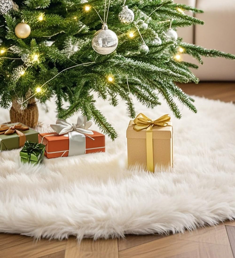 48 Inch Faux Fur Christmas Tree Skirt, Fluffy Plush Skirt for Christmas Tree, White Christmas Tree Rug Skirt Perfect for Christmas Party Decorations